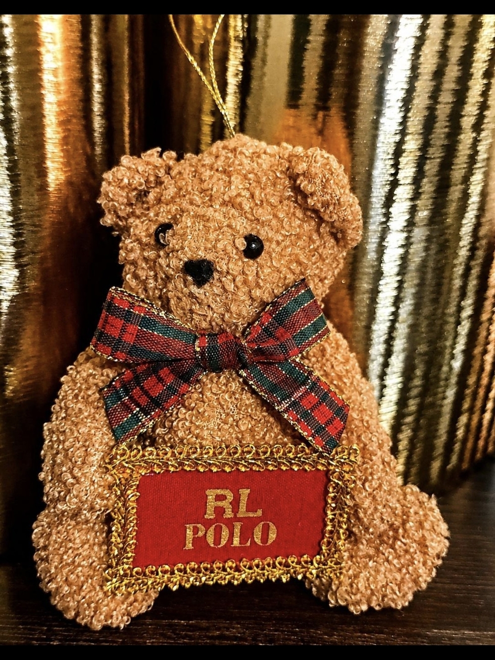 Ralph Lauren RL Polo Brown Teddy Bear Ornament with Plaid Bow